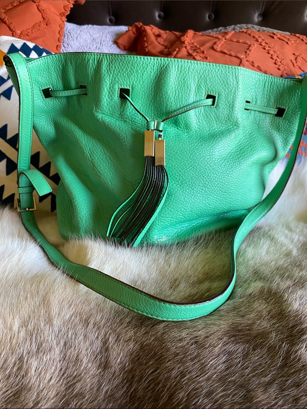 Kate Spade Green Leather Tassel Drawstring Shoulder Bag